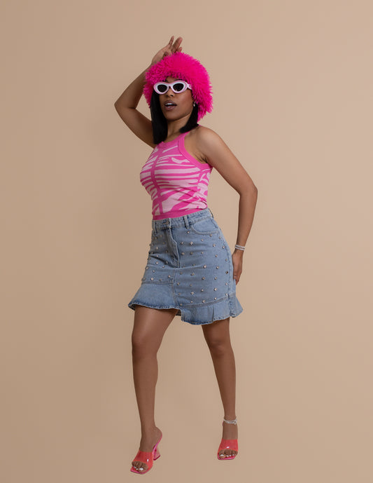 Asymmetrical Jeweled Denim Mini Skirt