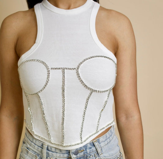 White Rhinestone Jeweled Crop Top