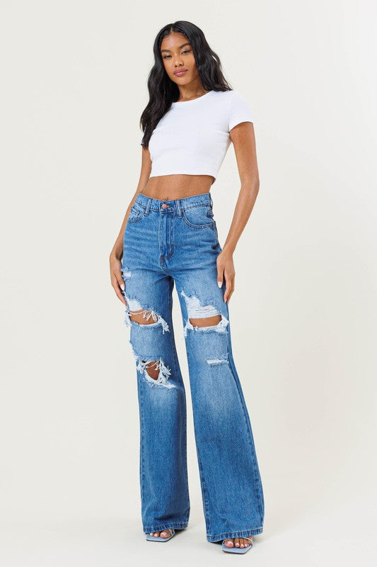 High Rise Distressed Wide Leg Denim Jeans