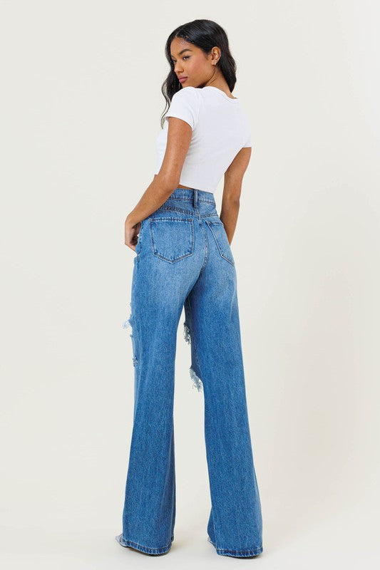 High Rise Distressed Wide Leg Denim Jeans