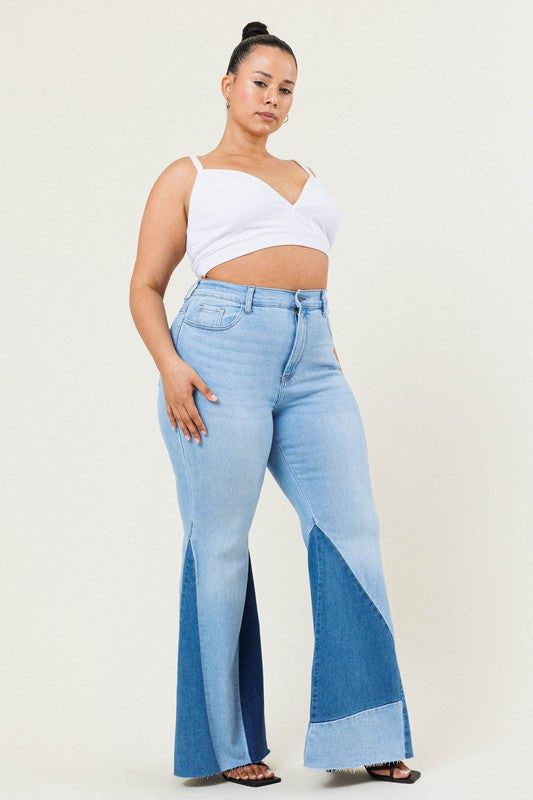 High Rise Color Block Flare Denim Jeans