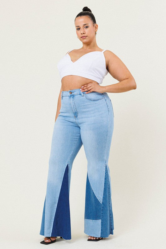 High Rise Color Block Flare Denim Jeans