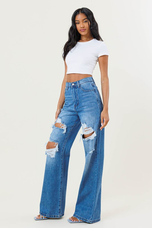 High Rise Distressed Wide Leg Denim Jeans