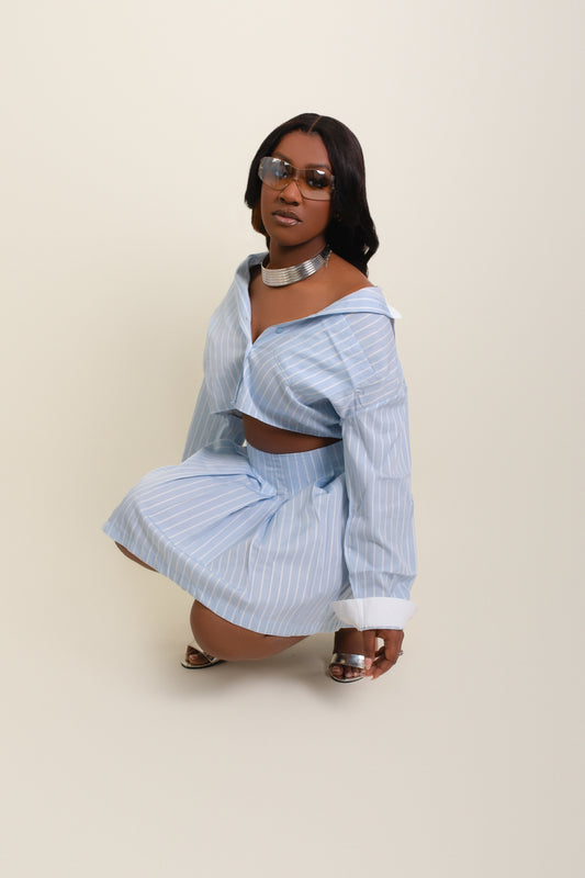 Pinstripe Button Down Crop Top and Pleated Mini Skirt Set