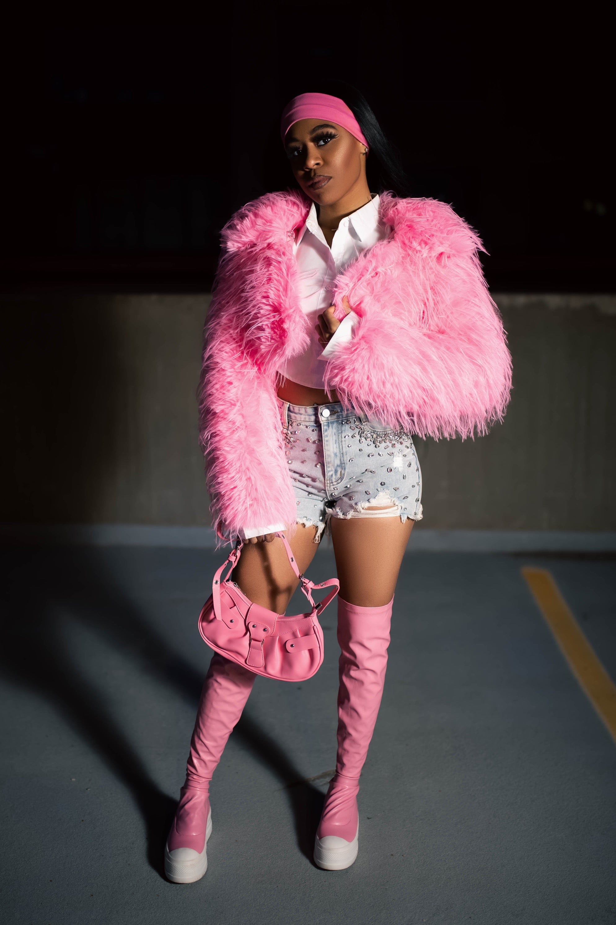 Pink shaggy faux outlet fur coat