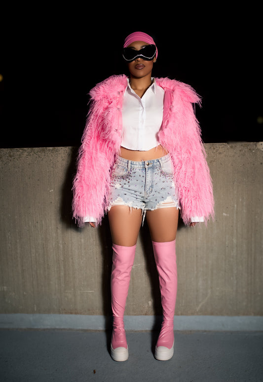Barbie Pink Shaggy Faux Fur Cropped Coat